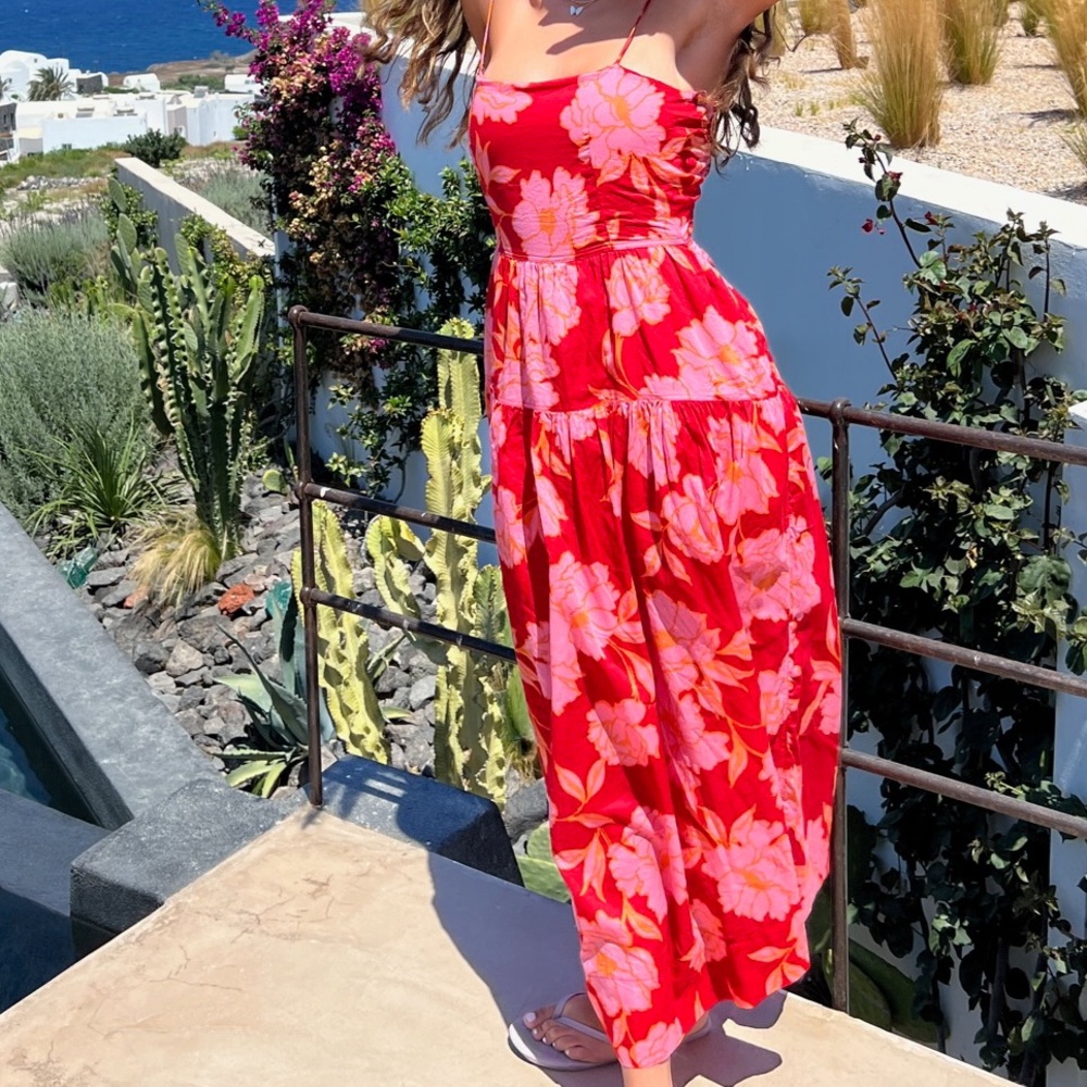 Ruby and Jenna, maxi flower dress, red and pink, open back with spaghetti strap